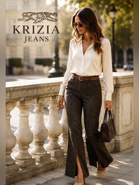 Krizia Jeans Italian Wool Blend Front Slit Flare Pants Brown Tweed Size 44 US 10